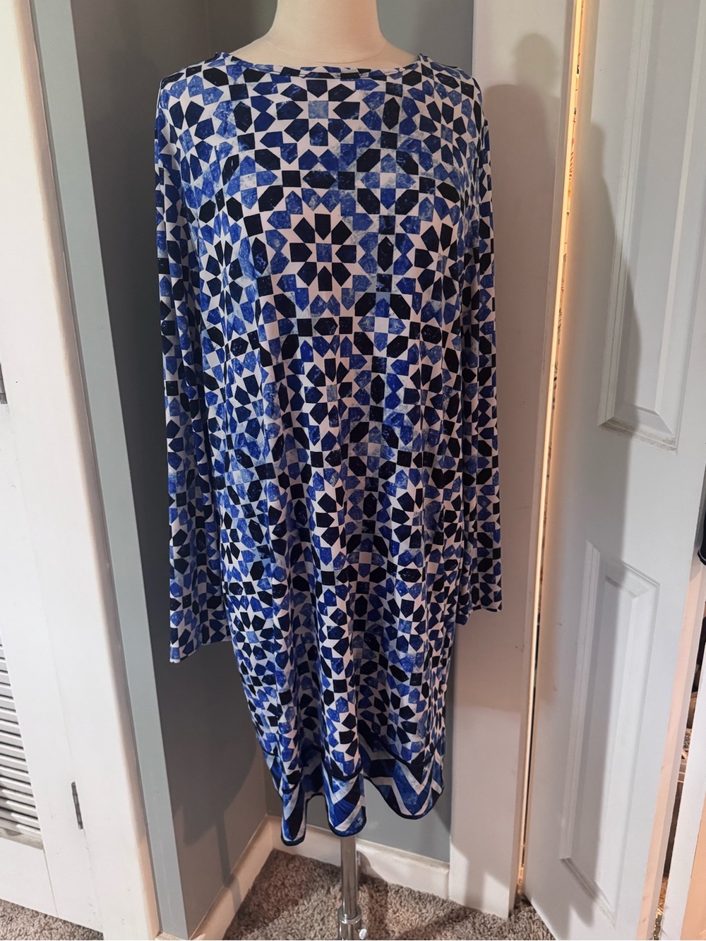 Michael Kors Blue and White Geometric Midi Dress